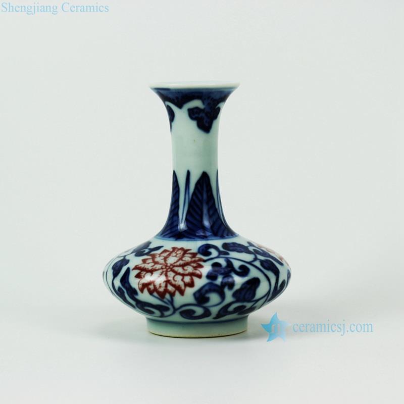 Hand paint blue and white under-glaze red flower  pattern antique china porcelain small vase