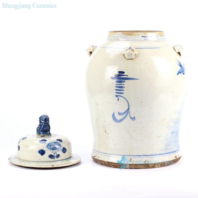 bird floral ceramic jar in blue with a lid
