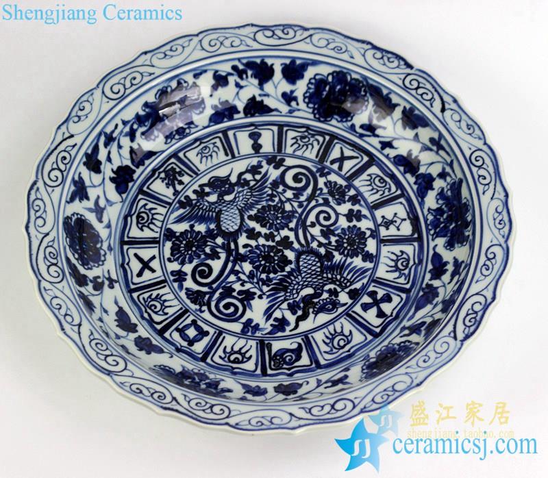 Handmade  phoenix pattern carved floral edge blue and white large porcelain  plate
