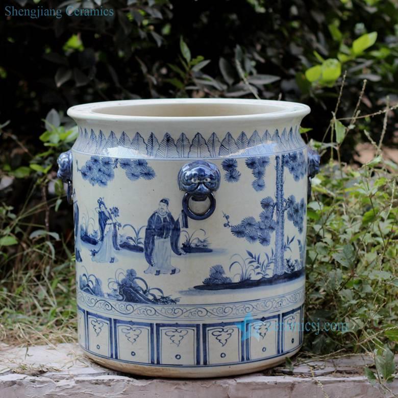 Handmade  blue and white the eight immortals pattern lion head handle ceramic  big vat