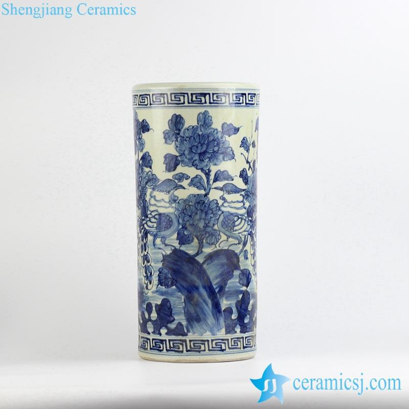 Antique style handmade  blue and white bird floral pattern porcelain  large tubular vase