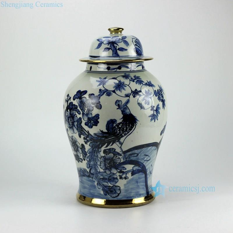 Gold plated line handmade  flower  bird pattern blue and white ceramic ginger jar furniture