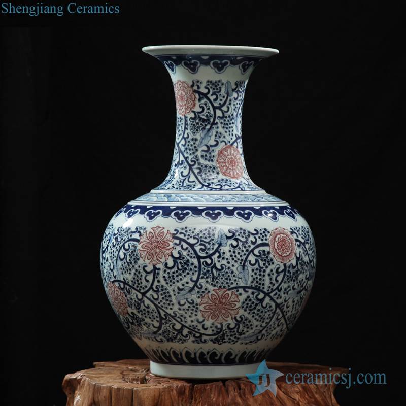 Blue and red floral pattern handmade  ceramic globular shape vase