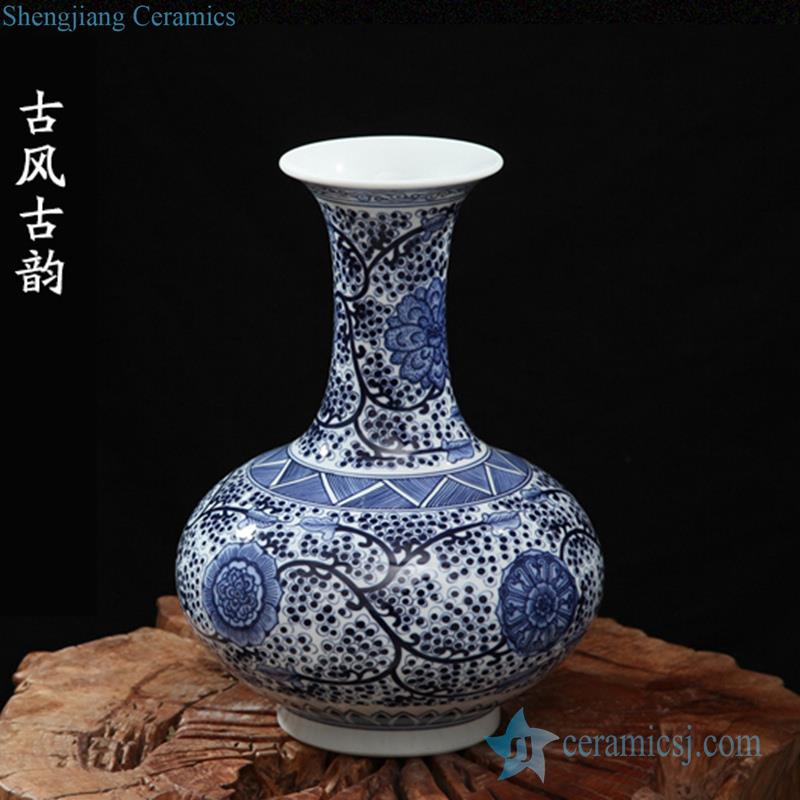  long neck blue and white oriental porcelain  vase for interior design