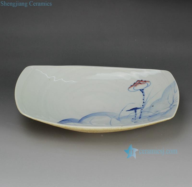  Hand-painting  blue and white lotus pattern porcelain  oval serving fruit platter