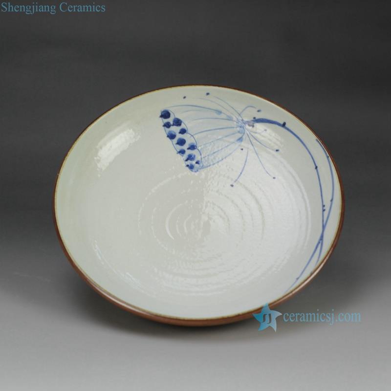  pottery fruit dish white glaze handmade  blue and white ceramic lotus pattern inside