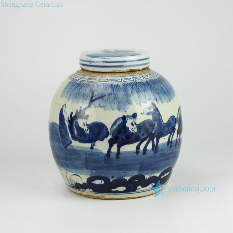 Handmade  blue and white horse pattern lidded ceramic  urn