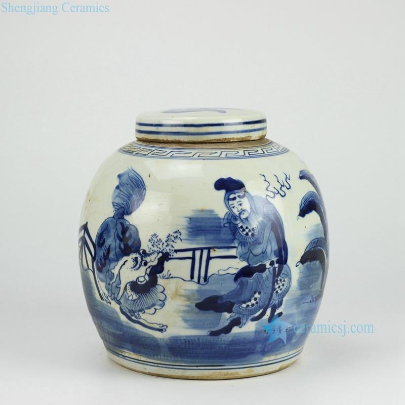  Handmade china lion dance pattern round blue and white ceramic container with flat lid
