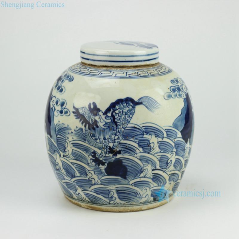 Flat lid handmade  sea wave  China dragon pattern blue and white antique ceramic storage jar