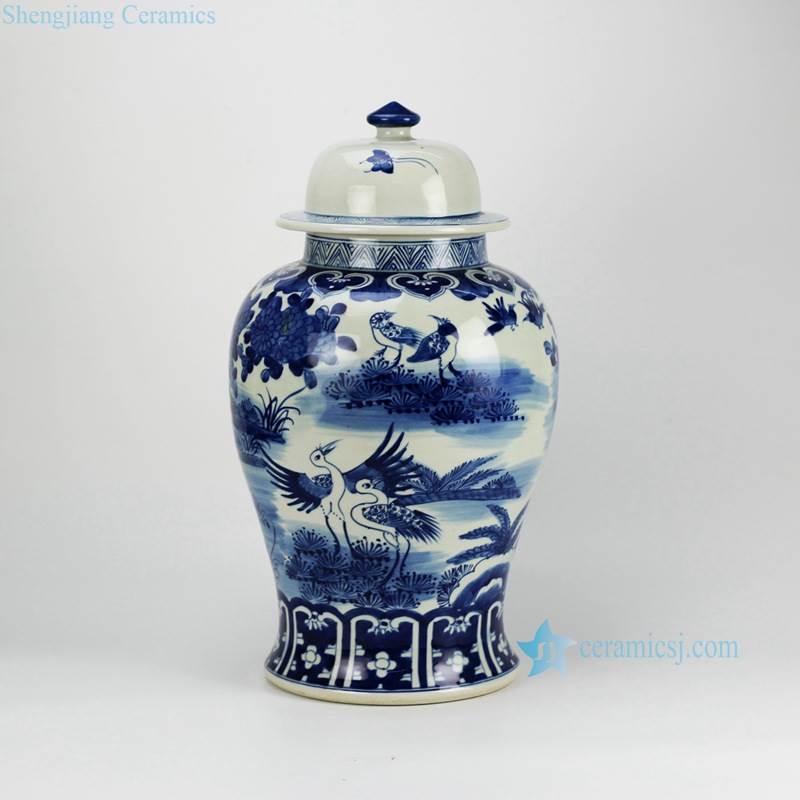 Asian furniture home decor blue and white handmade crane porcelain storage jar