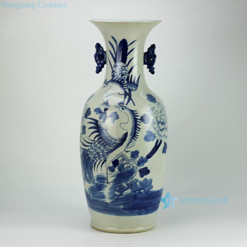 vintage blue and white handmade  flower and  bird pattern porcelain tall vase