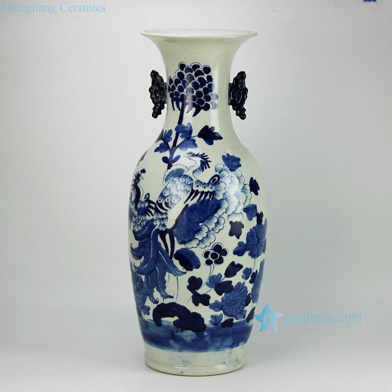 China folk art handmade  phoenix flower pattern pair handle blue and white porcelain villa vase