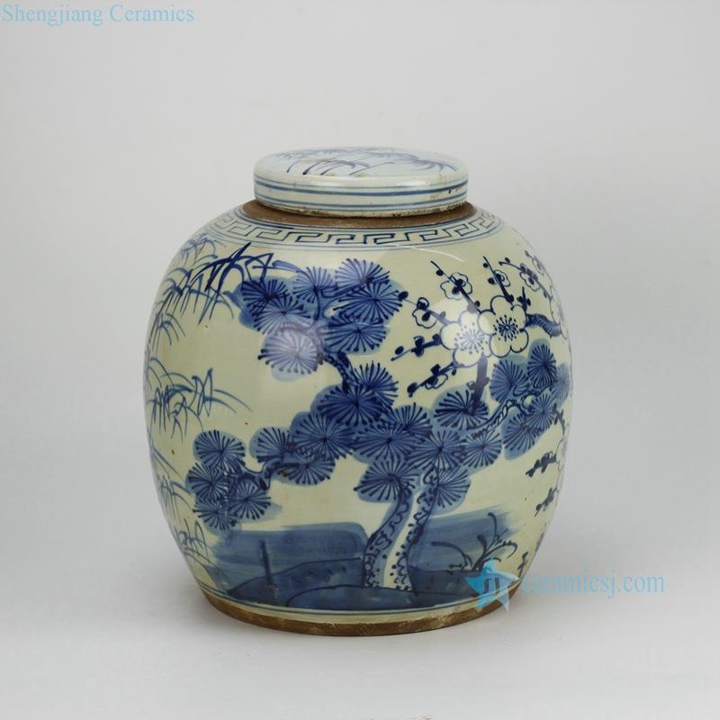 three durable plants of winter — pine , bamboo and plum blossom pattern handmade  blue and white antique ceramic  jar