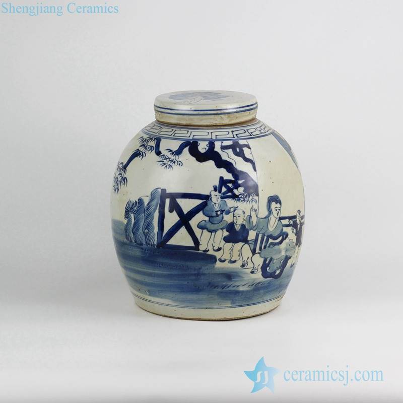 Free handmade  happy family pattern blue and white porcelain jar with flat lid