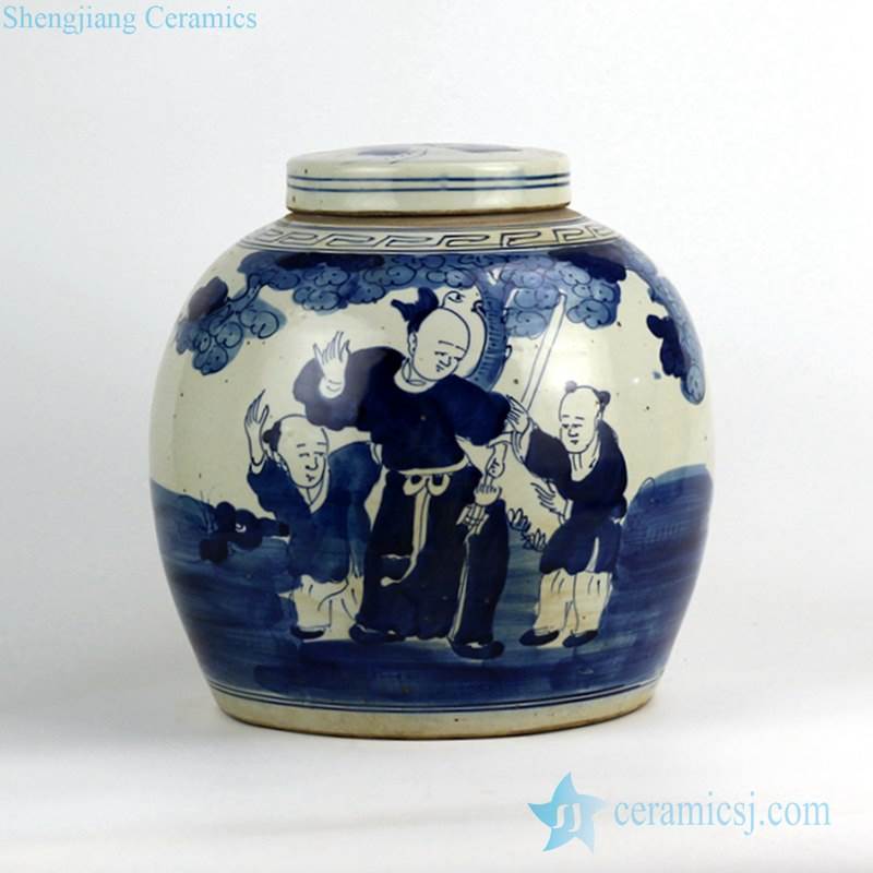 Blue and white ancient China folk kung fu teaching pattern ceramic storage jar