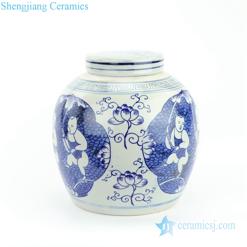  two kids holding lotus porcelain jar with flower pattern