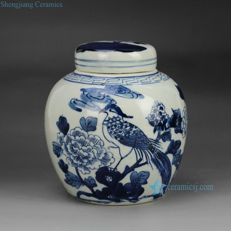 Handmade  blue and white bird flower  pattern ceramic  container