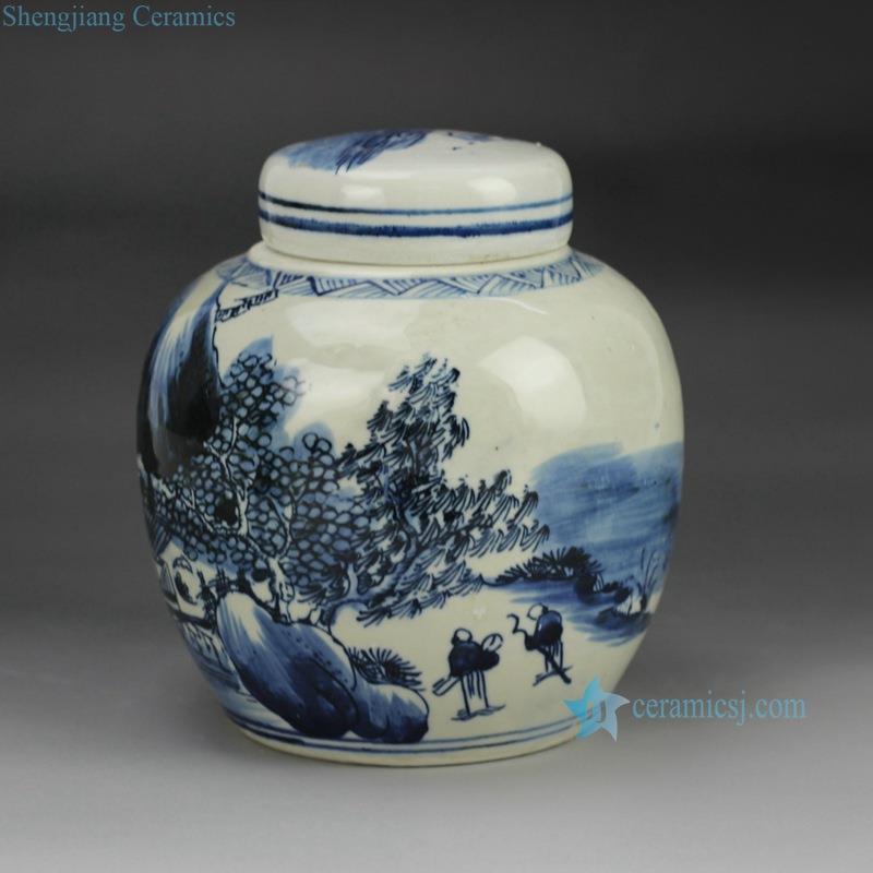 Handmade  blue and white countryside life pattern porcelain  small jar