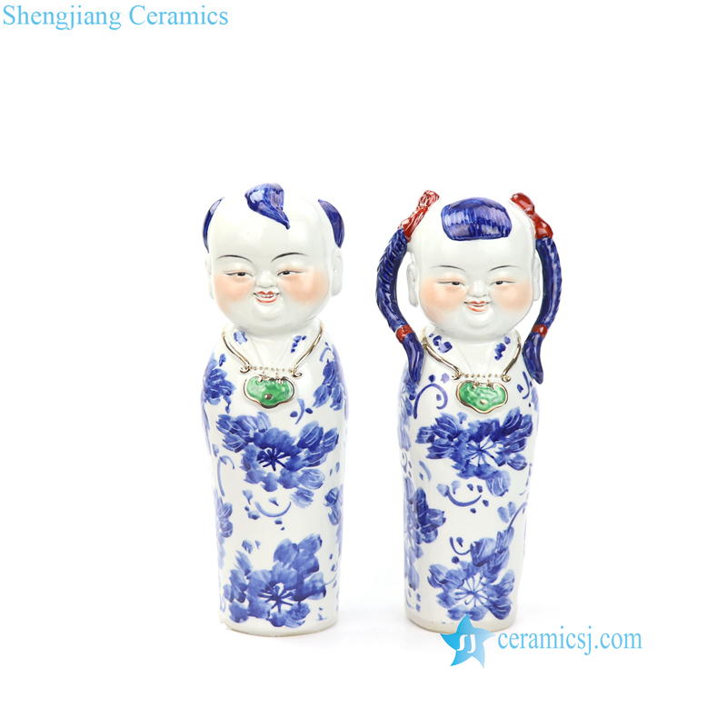 blue and white handmade boy and girl porcelian figurine