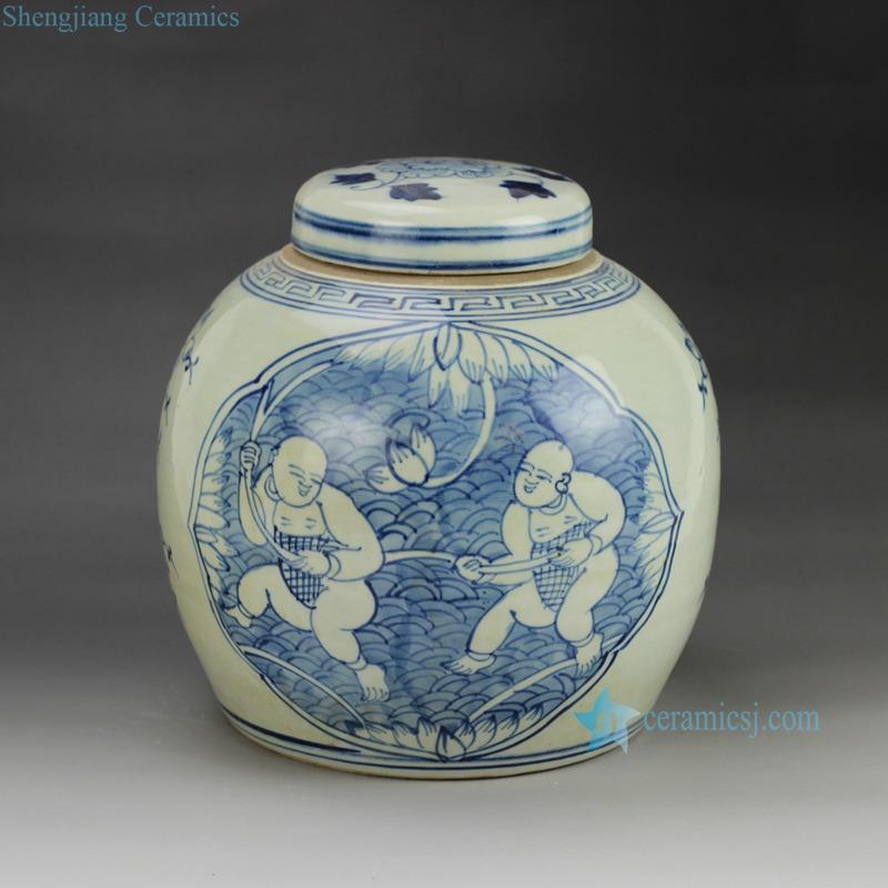reproduction handmade  China children pattern blue and white porcelain storage small jar
