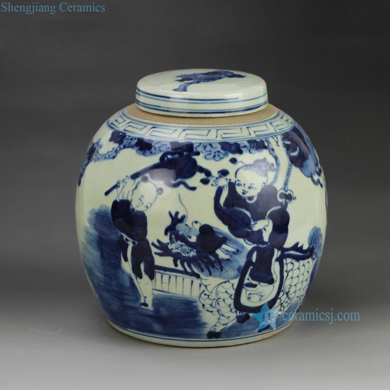 Hot sale handmade  fair children kylin pattern blue and white ceramic  antique pot