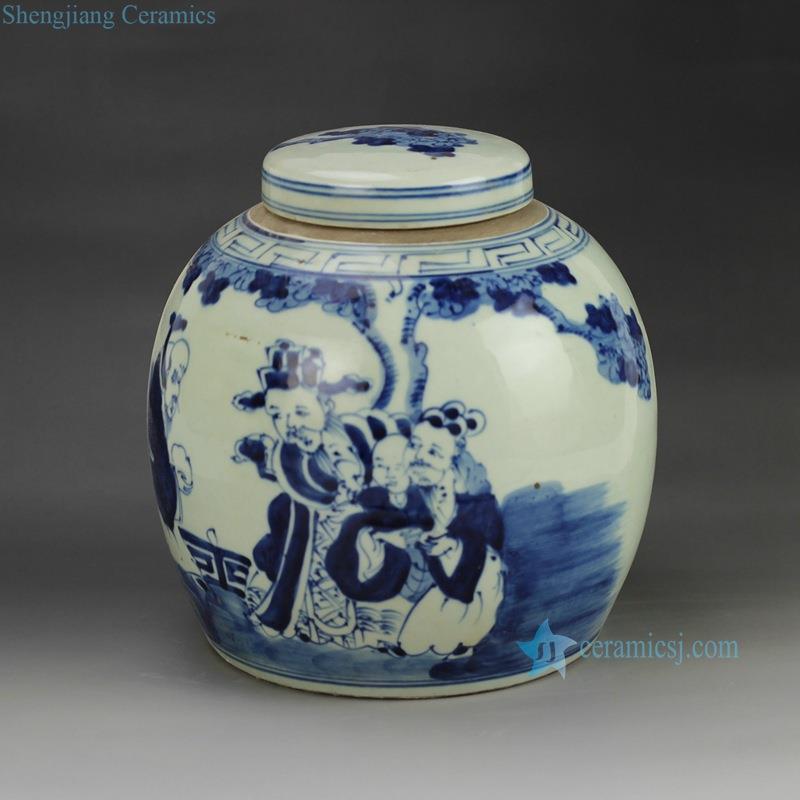 Handmade  China ancient figures pattern blue and white chinaware pot with flat lid