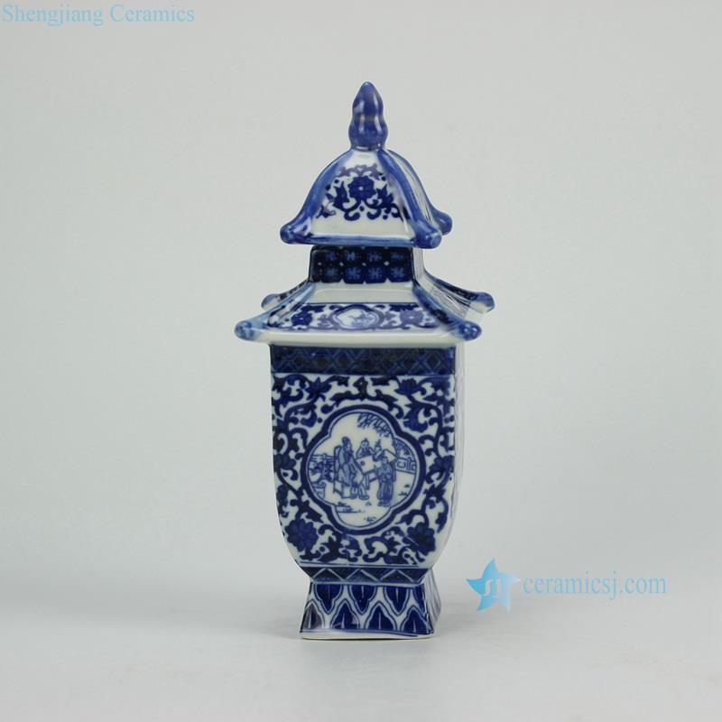 Blue and white  handmade ancient folk daily life pattern porcelain  pagoda figurine