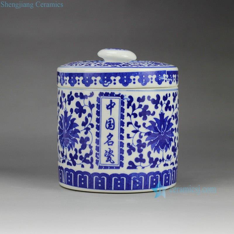 Blue and white handmade  factory direct sale interlock lotus branch pattern porcelain  tin jar