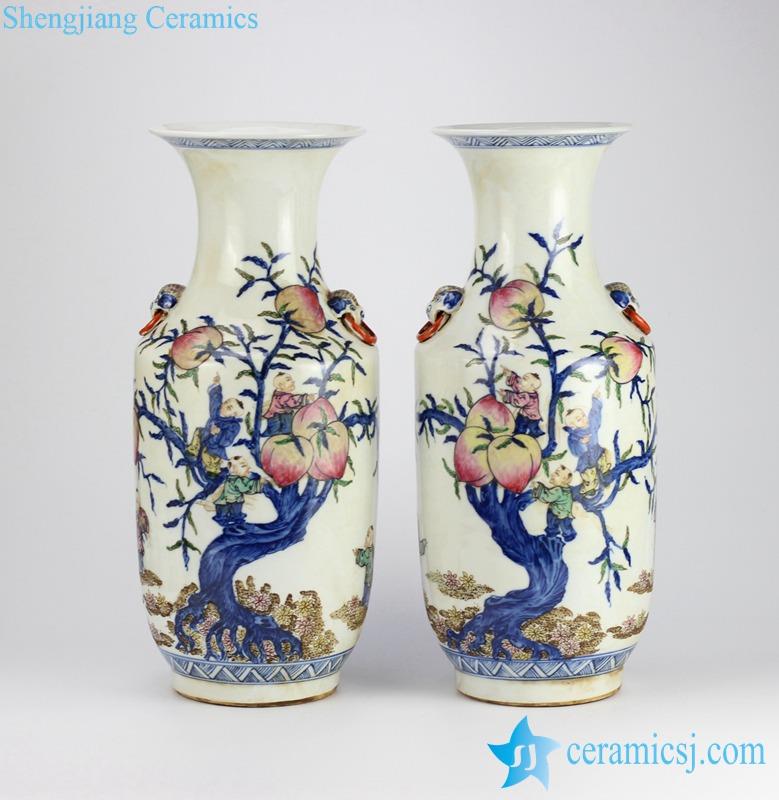  Reproduction traditional style blue and white clashing color glaze hand paint children picking longevity peach pattern porcelain  pair vases