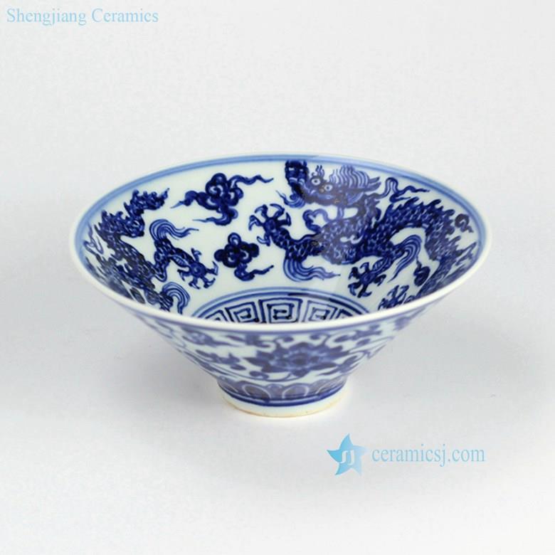 Funnel shaped handmade flying dragon blue and white porcelain  bowl