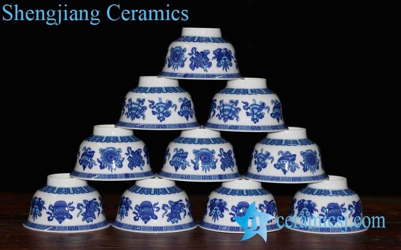 Colored handmade  blue and white eight treasures marks high heel white ceramic  serving bowls