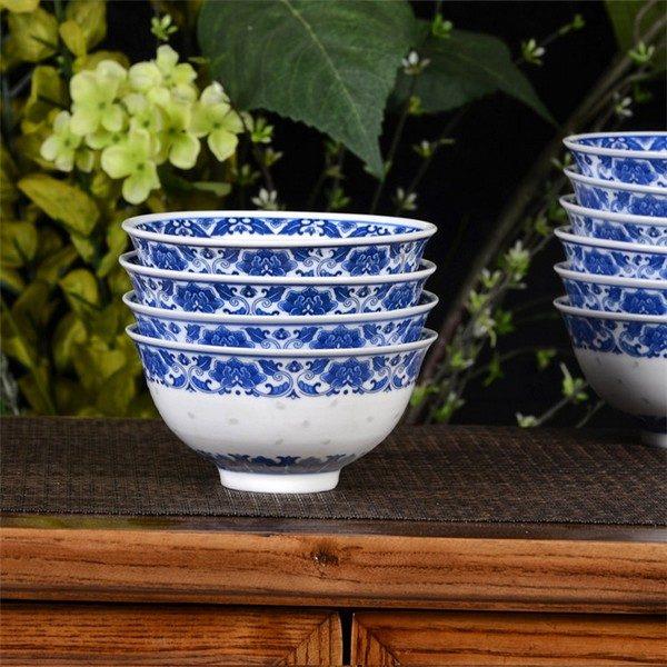 rzhx01-b-3 blue and white rice pattern ceramic bowl with flower pattern 