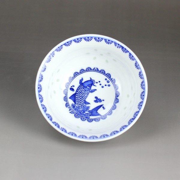 rzhx01-e-3 blue and white rice pattern ceramic bowl with flower fish pattern 