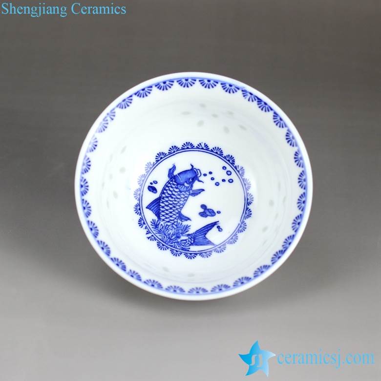 Blue and white handmade carp pattern score translucent rice  pattern porcelain bowl