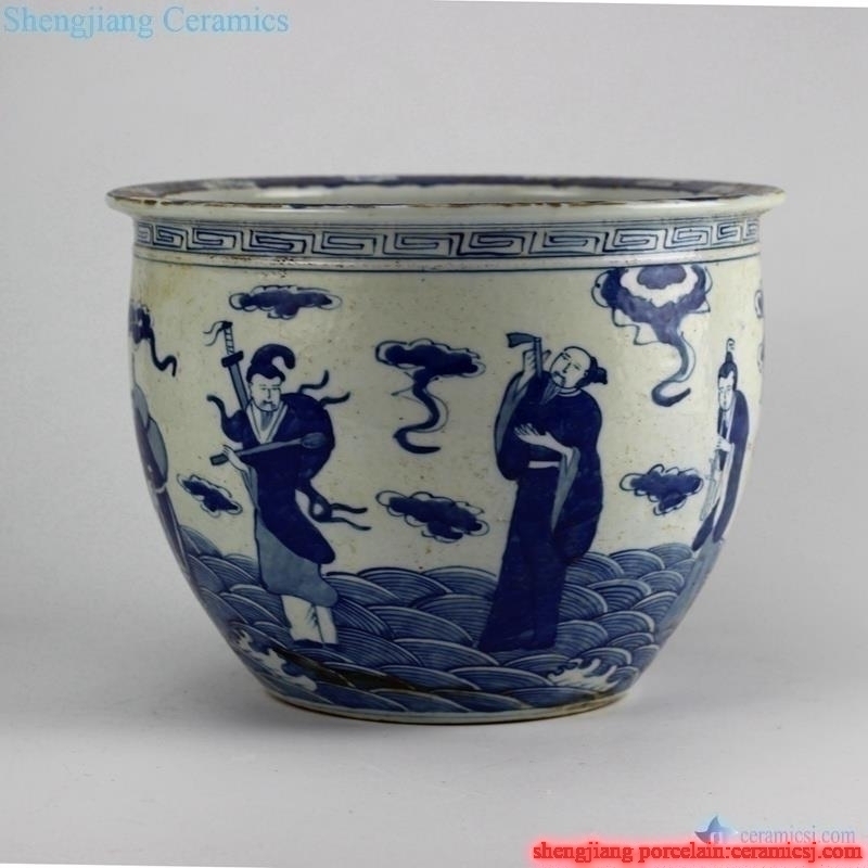 Antique blue and white handmade  the eight immortals pattern big ceramic  fish bow