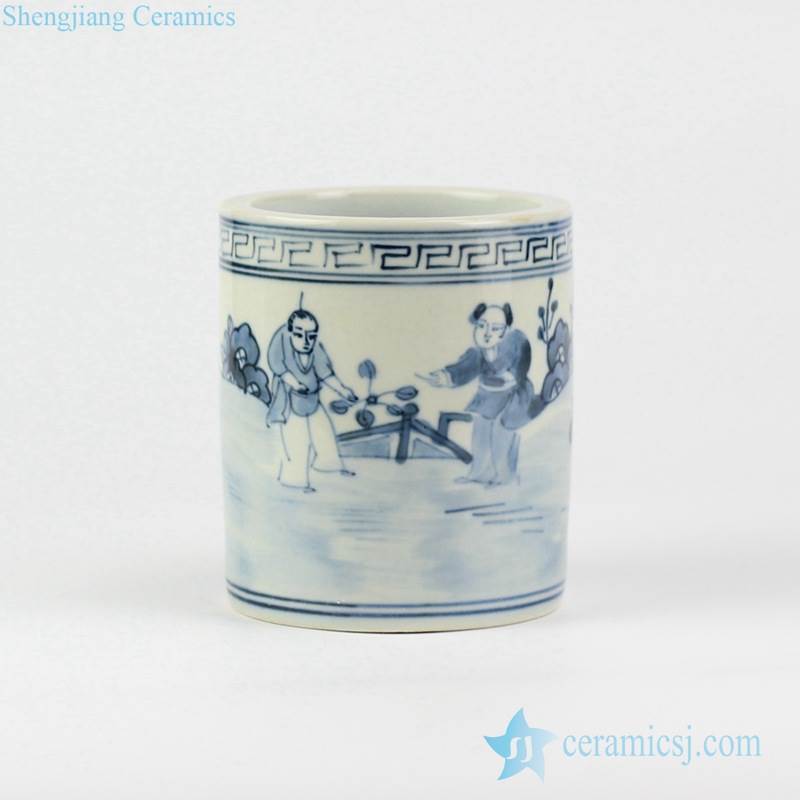 Vanity blue and white handmade ancient China farmer sowing pattern porcelain pen holder