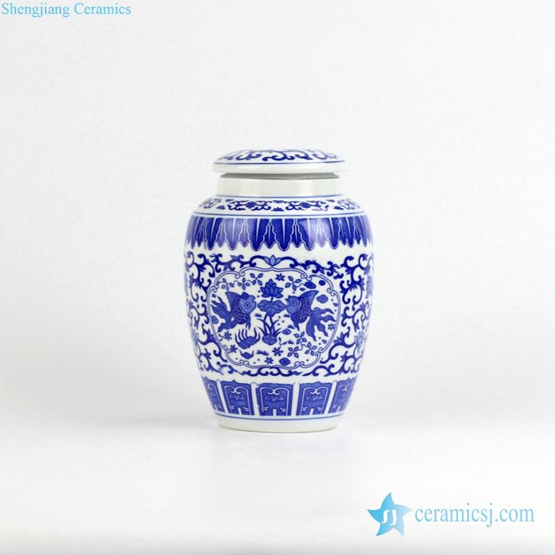 Blue and white fish lotus pattern ceramic storage jar sugar jar mini jar