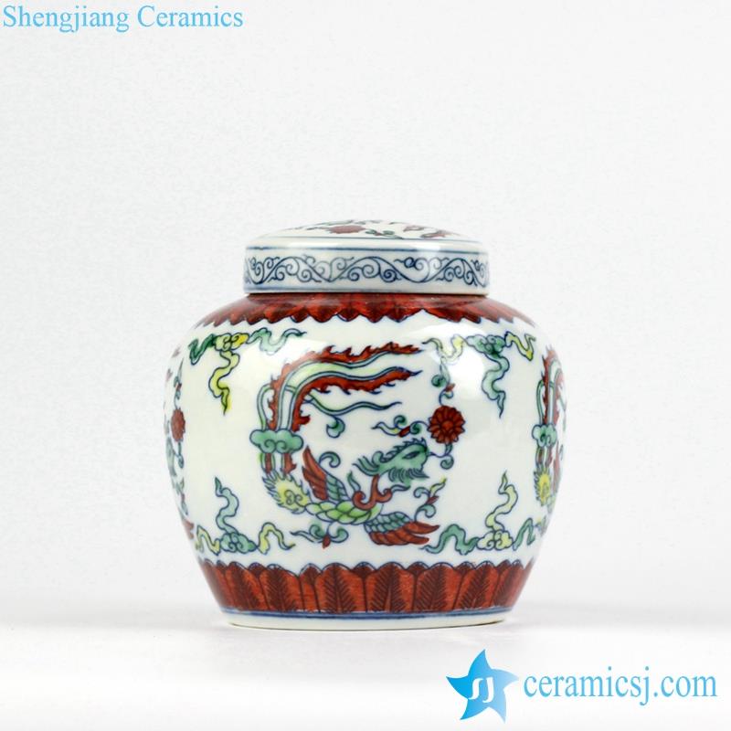 Contrasting color blue and white doucai  handmade phoenix pattern porcelain  flat lid storage urn
