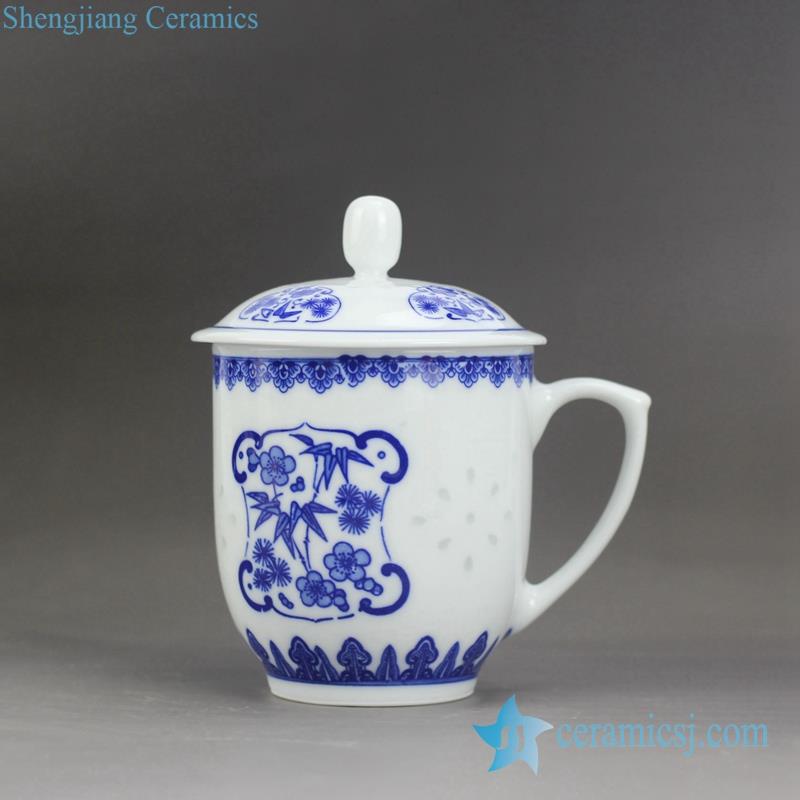 bamboo flower pattern blue and white handmade  ceramic office cup