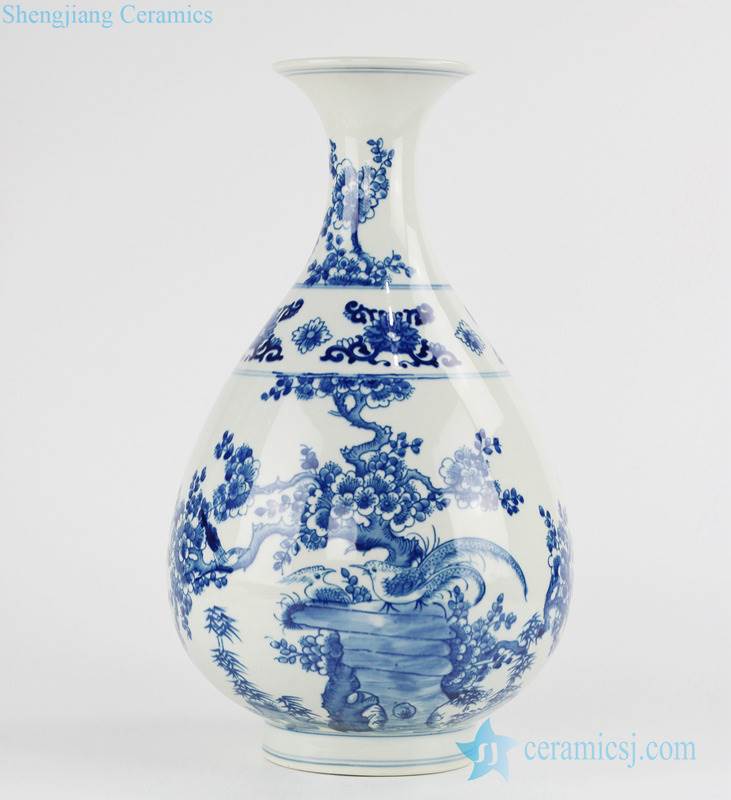 Classic Asian blue and white bird and flower pattern handmade   porcelain sping bottle