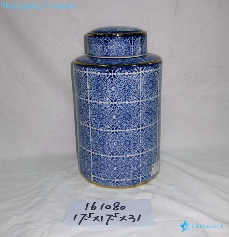 gold line blue and white flower pattern  tin jar