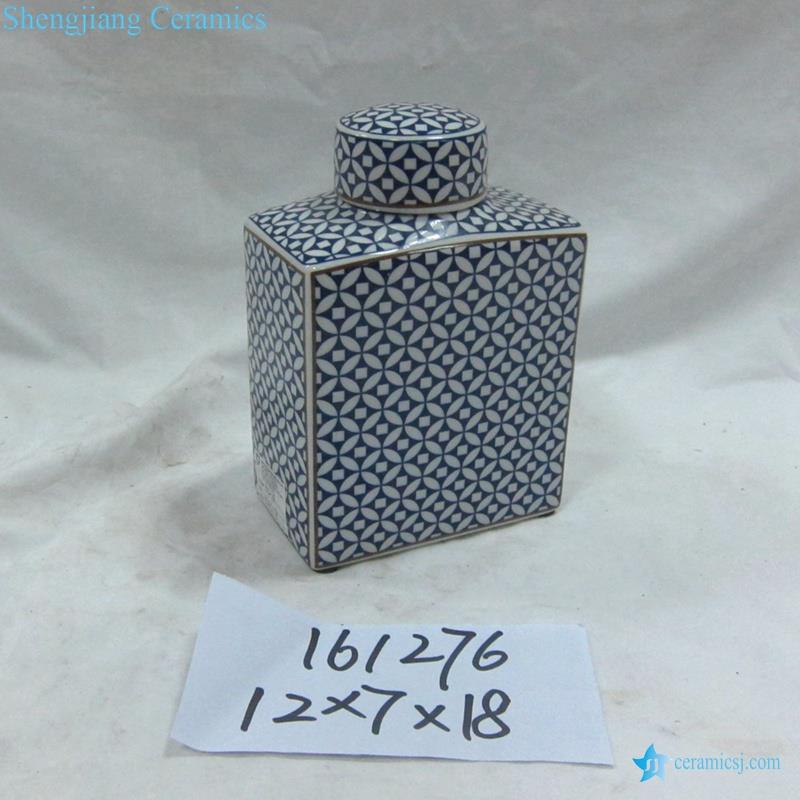 rzka161276 handmade blue and white geometric pattern square porcelain  jar