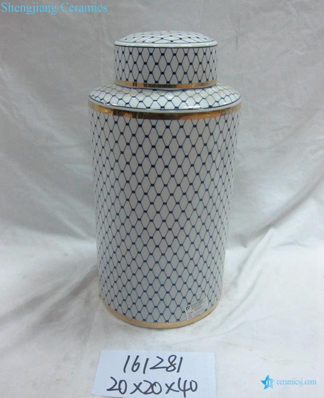 Golden line blue and white grid pattern porcelain  tin jar