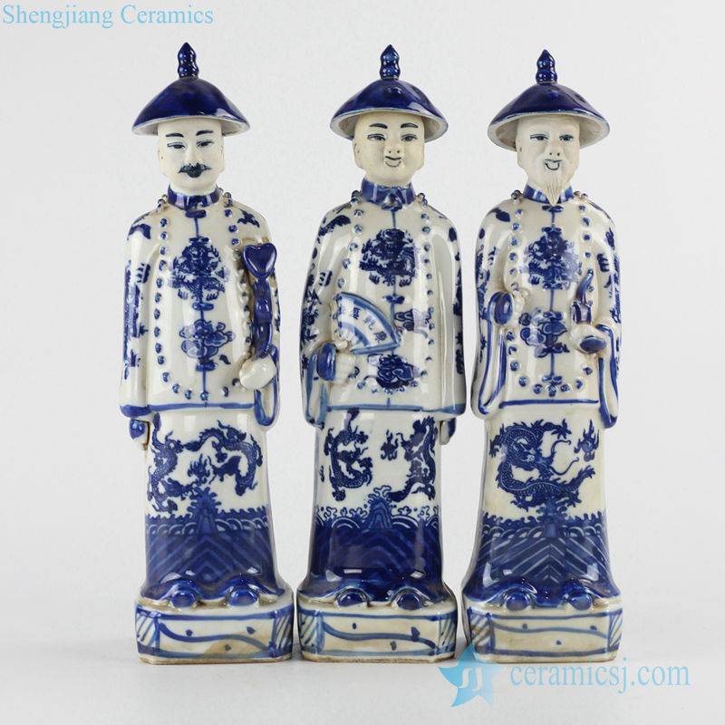 Ancient China empire kings porcelain figurines in blue
