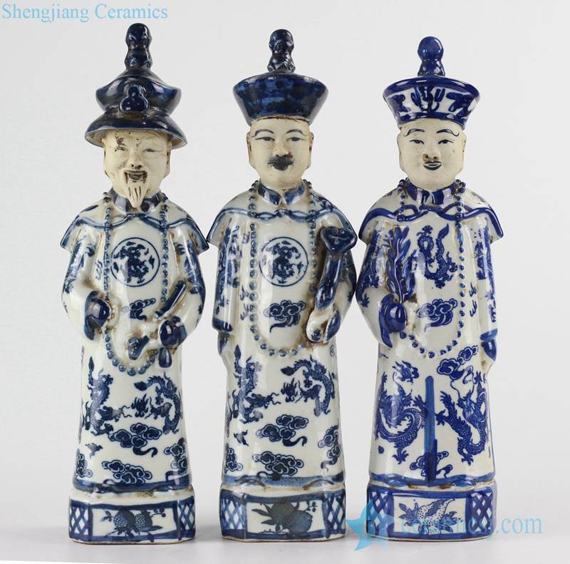  Medium size set of 3 blue and white  emperors porcelain  figurines