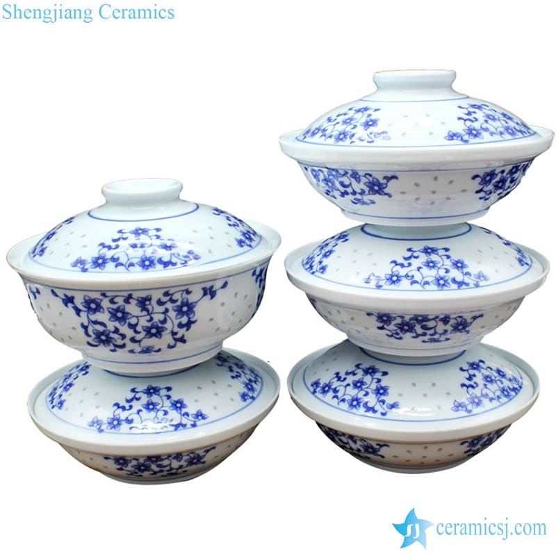 Blue and white transparent rice pattern household daily use ceramic tureen