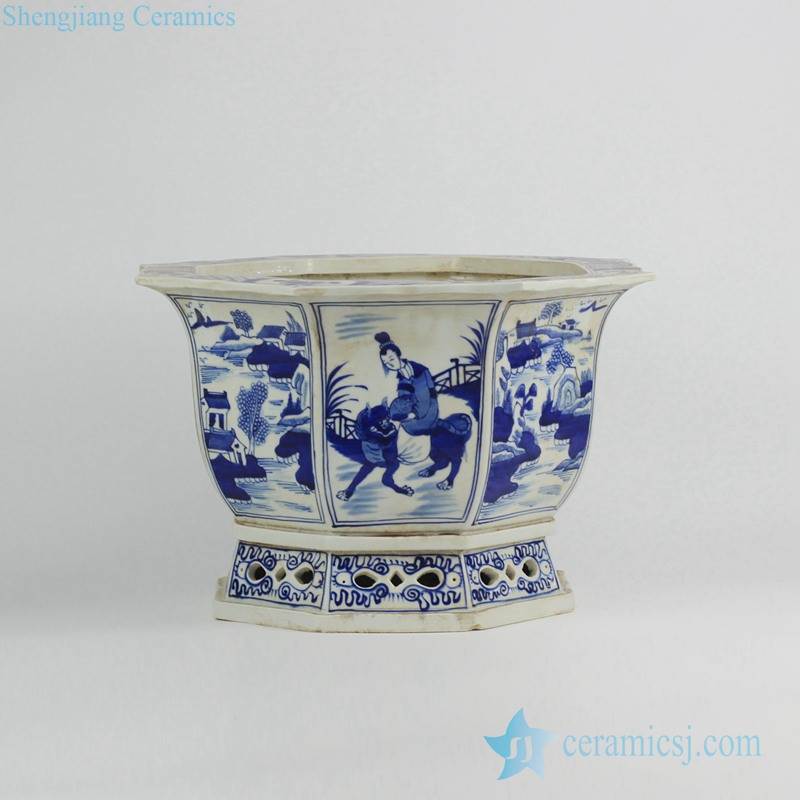Chinese ancient maiden pattern hand paint blue and white octal  porcelain planter