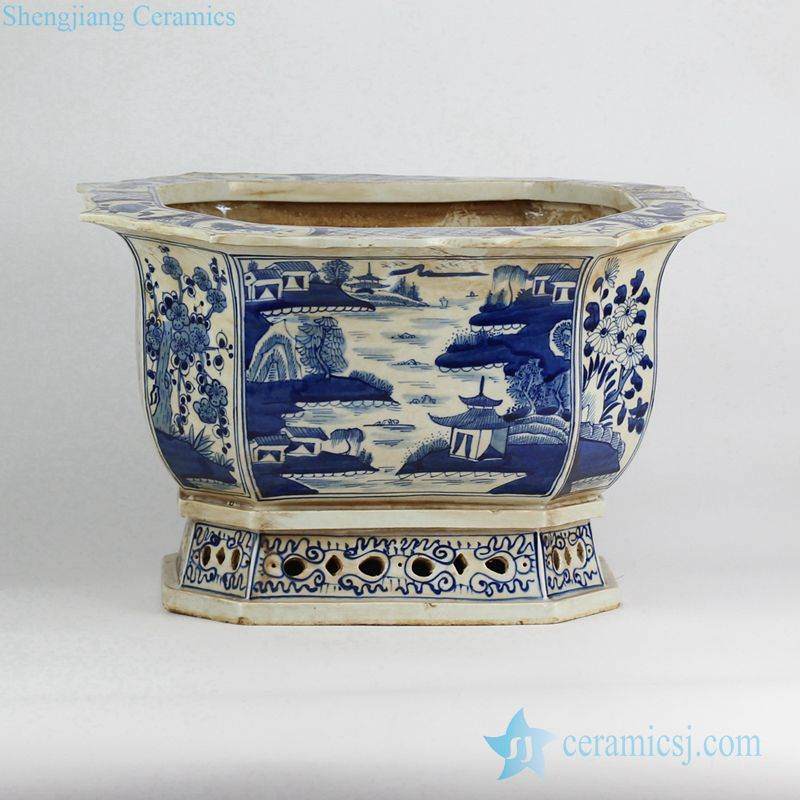 blue and white scenery pattern handmade ceramic orchid pot 