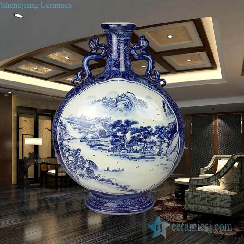 Handmade  blue and white mountain and river pattern ceramic holding moon shape vase with lion lug
