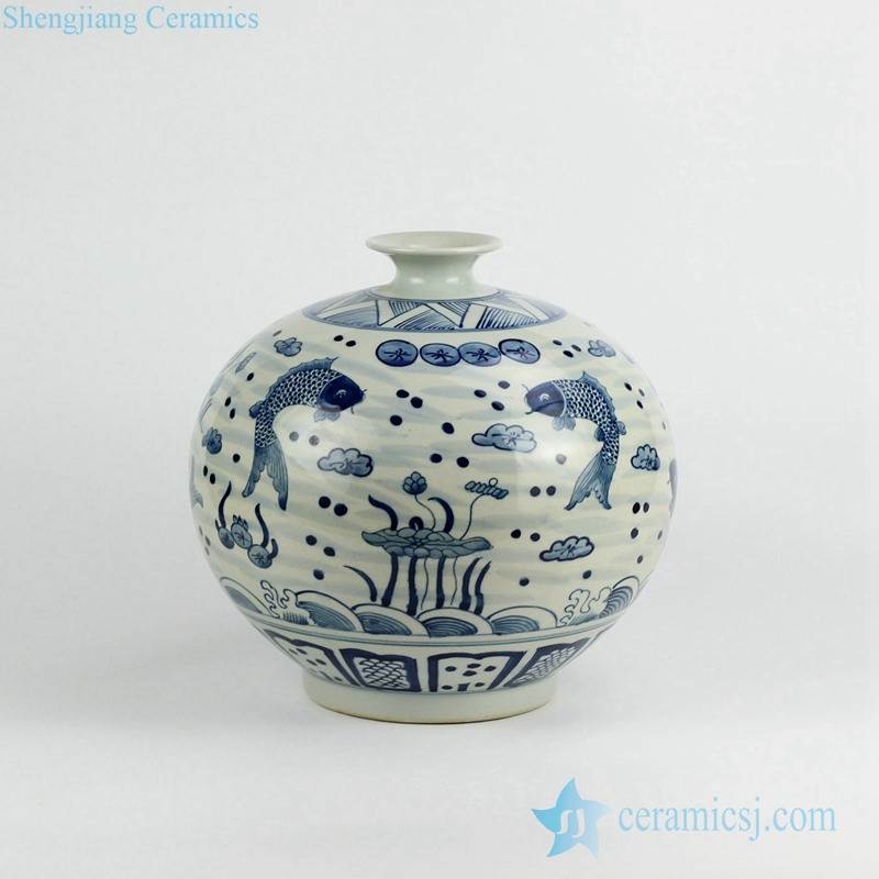 traditional blue and white couple carp pattern pomegranate shape porcelain vase